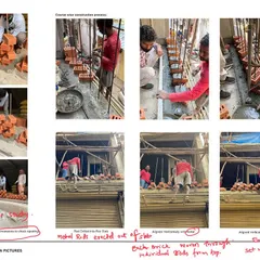 This collage shows the hands-on process of building the 'Brick Weave House'. From on-site mockups to the careful weaving of each brick through metal rods, it demonstrates our commitment to craftsmanship and detail.