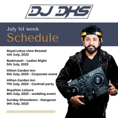 The schedule for the first week of July 2023. My bookings included a ladies' night at Badmassh, a corporate event, a cocktail party, and a wedding at Royalton Leisure.