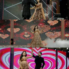 A collage of Neha and Vivek's stunning Sangeet performance. The large LED screen backdrop and stage effects show how I capture the grandeur and choreography of your special dance.