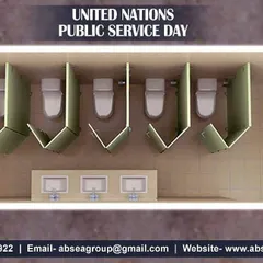 A 3D render of a public toilet block created from a single container. The layout is designed for high traffic, with multiple stalls and a shared wash basin area, promoting public hygiene.