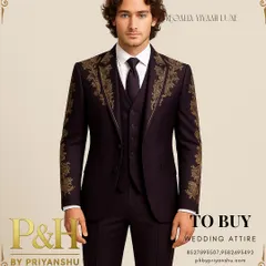 This three-piece suit in a rich, dark purple is my interpretation of a modern classic for receptions and grand evening events. I used premium Italian fabric for a sharp, tailored fit and adorned the lapels and sleeves with opulent golden hand-embroidery for a touch of regal drama.