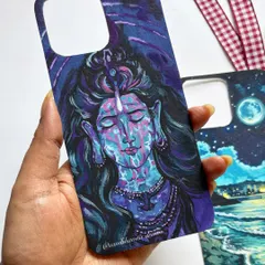This is a close-up of a custom Lord Shiva painting I did for a phone case. The cool tones of blue and purple create a serene and powerful image, perfect for a spiritual or devotional piece of art.