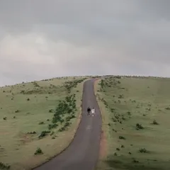 A dramatic wide shot of Monil and Charmi walking along a lonely road that winds through rolling green hills. This kind of image tells a story of a journey shared together.