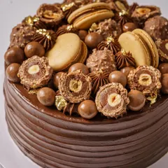 A celebration cake that screams indulgence. This shot for a baker captures the sheer decadence of a chocolate cake loaded with Ferrero Rocher and macarons. The lighting highlights the glossy texture of the frosting and the variety of toppings.