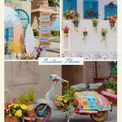 A moodboard showcasing our "Positano Theme," complete with a hand-painted scooter, vibrant florals, and classic Italian blue-shuttered windows.