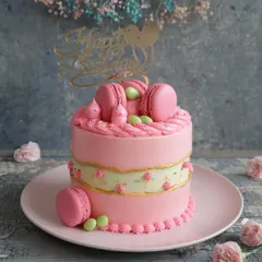 A perfect cake for a birthday or anniversary, this pink fault line design is topped with matching macarons and a "Happy Birthday" topper, creating a joyful and stylish centerpiece.