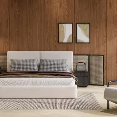 A bedroom should be a sanctuary. Here, I used a warm wood-paneled wall, soft neutral fabrics, and minimal furniture to create a calm, uncluttered retreat that feels both modern and deeply restful.