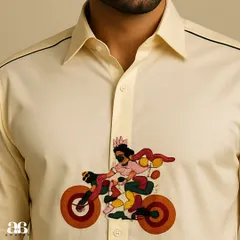 This detailed shot focuses on the collar and the top of the cyclist embroidery. The quality of the fabric and the precision of the stitching are evident, showcasing true craftsmanship.