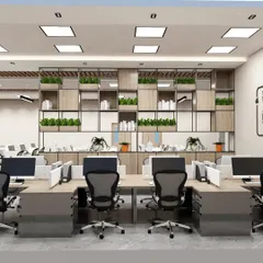 A concept design for a modern office in Gurgaon. We've used biophilic elements like integrated planters in the shelving units to bring nature indoors, which is proven to boost wellbeing and focus in a corporate environment.