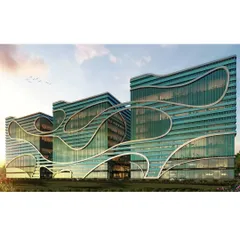 This render shows the three interconnected commercial towers at sunset. The flowing, organic lines of the façade are highlighted, demonstrating a design that is both modern and inspired by nature.