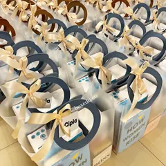 A large order of Women's Day gifts I curated for Cipla. The clear tote bags with branded tags were filled with empowering and useful items for their female employees.