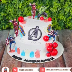 A two-tier Avengers cake for Medhansh, with Captain America, Iron Man, and the Hulk ready for action. The colourful design makes it a standout choice for a kid's party.