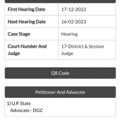 Case status and hearing details for a bail application. This image shows the procedural details of a bail case, including the hearing dates and the judge presiding over the matter.