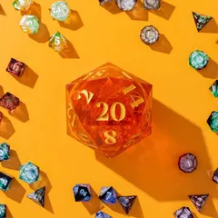 A vibrant and playful flatlay of multi-colored dice surrounding a giant D20. The bright orange background and hard shadows create a high-energy, eye-catching composition.