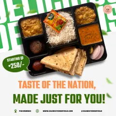 This is our signature multi-compartment meal box, designed to keep each dish separate and fresh. It features a full North Indian spread with two sabzis, dal, rice, rotis, and two different sweets, showcasing the variety we can pack into a single box.