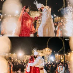 A magical Varmala exchange, illuminated by sparklers and surrounded by loved ones. I focus on capturing the atmosphere of the moment, from the grand pyrotechnics to the intimate embrace.