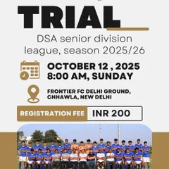 Here are the official details for our upcoming DSA Senior Division League trials. Mark your calendar for October 12, 2025, at our home ground in Chhawla. Registration is mandatory.
