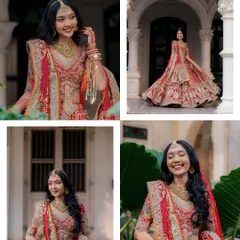 A collection of bridal portraits showcasing the bride's radiant smile and magnificent red lehenga. Each shot captures a different facet of her joy and elegance.