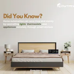 A smart home saves you time and money. This bedroom scene, with a HomePad on the nightstand, illustrates how remote control over lights, thermostats, and appliances leads to a more efficient and convenient lifestyle.