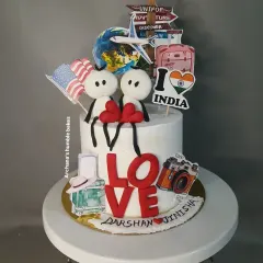 A travel-themed cake for a couple who loves adventure. It features stick-figure toppers, flags, and travel icons.