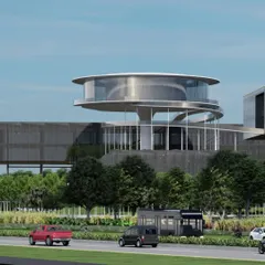 This is the "Beacon," a striking architectural centerpiece for the ePositive net positive energy research campus near Hyderabad. Elevated 40 meters in the sky, this 30 meter diameter structure is a bold expression of innovation in energy storage and sustainability.