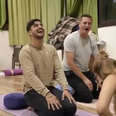 Yoga isn't always serious. Here we are practicing Laughing Meditation, a great way to release stress and connect with each other. I believe in creating a positive and joyful energy in my sessions.