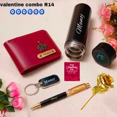 This Valentine's combo includes a personalized temperature bottle, a custom men's wallet, a metal keychain, a gold flake pen, a golden rose, and a Valentine's card.