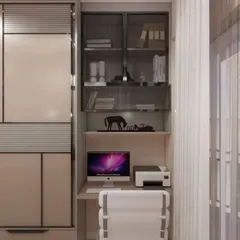 This 3D render shows a close-up of a compact and efficient home office solution. It features a wardrobe with an integrated desk and glass-fronted shelving, demonstrating how we maximize functionality in any space.
