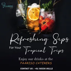 We offer a range of refreshing mocktails and drinks to complement your food menu. This image displays some of our colorful and flavorful creations, perfect for any tropical-themed or summer event.