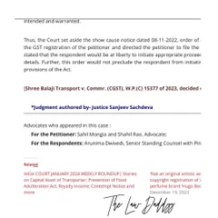 An excerpt from the SCC Online judgment where the Delhi High Court revoked the cancellation of our client's GST registration. This favorable outcome was a result of a thorough examination of GST law and its implications.
