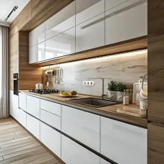 I designed this modern modular kitchen with a clean, linear aesthetic. It features high-gloss white laminate cabinets for a bright feel, paired with warm wood textures and under-cabinet LED lighting for a practical and stylish cooking environment.