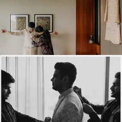The groom, Basu, getting help from his groomsmen as he gets ready, a moment of friendship and support.