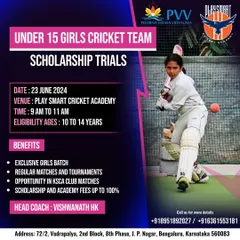 Announcing our scholarship trials for the Under 15 Girls Cricket Team. We provide benefits like an exclusive girls' batch, regular matches, and scholarships up to 100%.