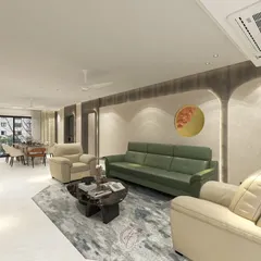 This render highlights the unique curved wall details and the circular wall art, which add a sculptural and artistic element to the modern design.