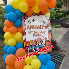 A personalized welcome sign for a Naruto-themed 10th birthday party. The bright orange and blue balloons match the anime's color scheme perfectly.