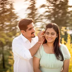 A beautiful close-up of a tender moment, with her eyes closed in happiness as he places a flower in her hair. The soft focus and warm light are perfect for romance.