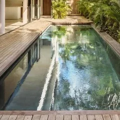 A lap pool integrated into a residential design. The wooden deck and surrounding plants create a private oasis where the home opens directly to the water.