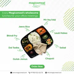 A look inside one of our wholesome packed lunches. This thali includes Dal Tadka, Bhindi Fry, Jeera Rice, Mix Veg Sabji, Chapati, Salad, and dessert, offering a complete and balanced meal.