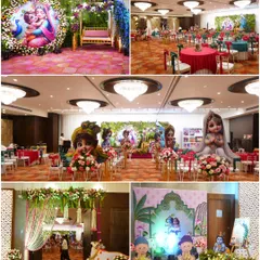 We specialize in creating divine and memorable baby showers. This collage showcases a grand Radha Krishna themed godh bharai, complete with character cutouts, a floral jhoola, and vibrant decor that fills the hall with blessings and joy.