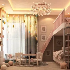 A magical bedroom designed for siblings, featuring a bunk bed with an integrated slide. The soft pink color scheme, whimsical hanging decorations, and a dedicated play table make this room a fairytale come to life.