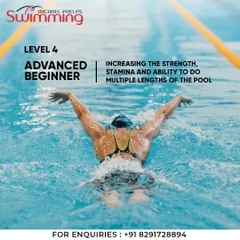 Level 4: Advanced Beginner. Here, we work on increasing strength, stamina, and the ability to swim multiple lengths of the pool. Swimmers refine their freestyle and backstroke techniques and build endurance.