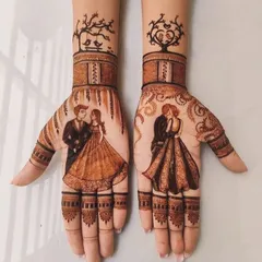 A modern take on bridal mehandi, this design features realistic portraits of the couple based on their engagement photos. I can capture your special moments, from a loving glance to a dance pose, creating a truly personal piece of art.