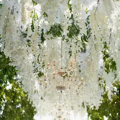 A ceiling completely covered in hanging white wisteria and greenery, with elegant chandeliers interspersed. This design creates an enchanted forest feel, even indoors.
