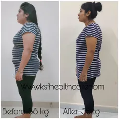 A side-profile view of Pooja's incredible 12 kg fat loss transformation. Notice the significant reduction in abdominal fat and improved posture, which are key indicators of better hormonal health and successful PCOD reversal.