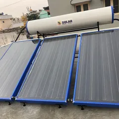 This is our standard 300-liter FPC solar water heater, fully installed on a residential rooftop. The system includes three collector panels with a durable blue frame and an insulated storage tank, making it an ideal energy-efficient solution for families.