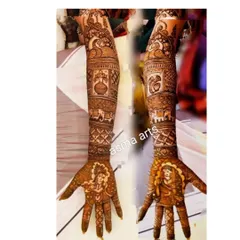 This design blends the divine love story of Radha and Krishna with the couple's own narrative, creating a mehendi that is both spiritual and personal.