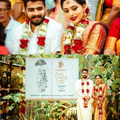 The couple standing proudly next to their unique wedding invitation, which outlines the principles of their Mantra Mangalya.