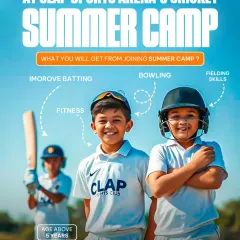 Our Cricket Summer Camp is the perfect opportunity for kids to develop their skills. This poster details what you can expect: focused training on batting, bowling, fielding, and overall fitness for players aged 5 and above.
