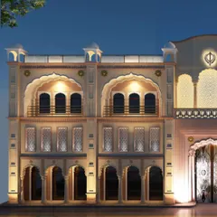 A closer perspective of the Rakab Ganj Sahib facade, detailing the arched windows and decorative elements. This view shows how we use lighting to accentuate architectural features and create a welcoming glow.