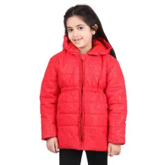 A smiling, happy shot helps customers connect with the product. This photo of a child model in a red winter jacket provides a friendly and positive image for an e-commerce listing.